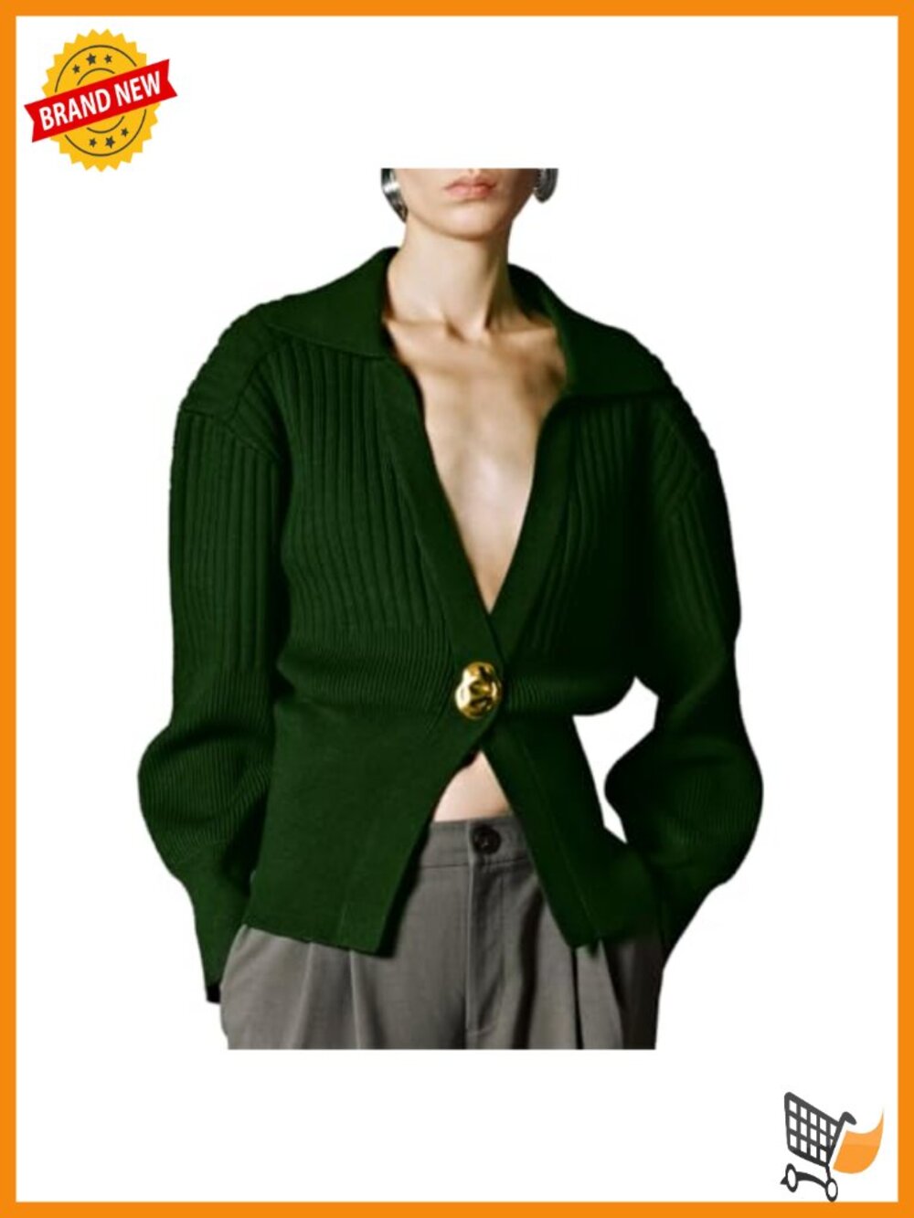 V-Neck Lapel Long Sleeve Knitted Cropped Cardigan with Metal Button